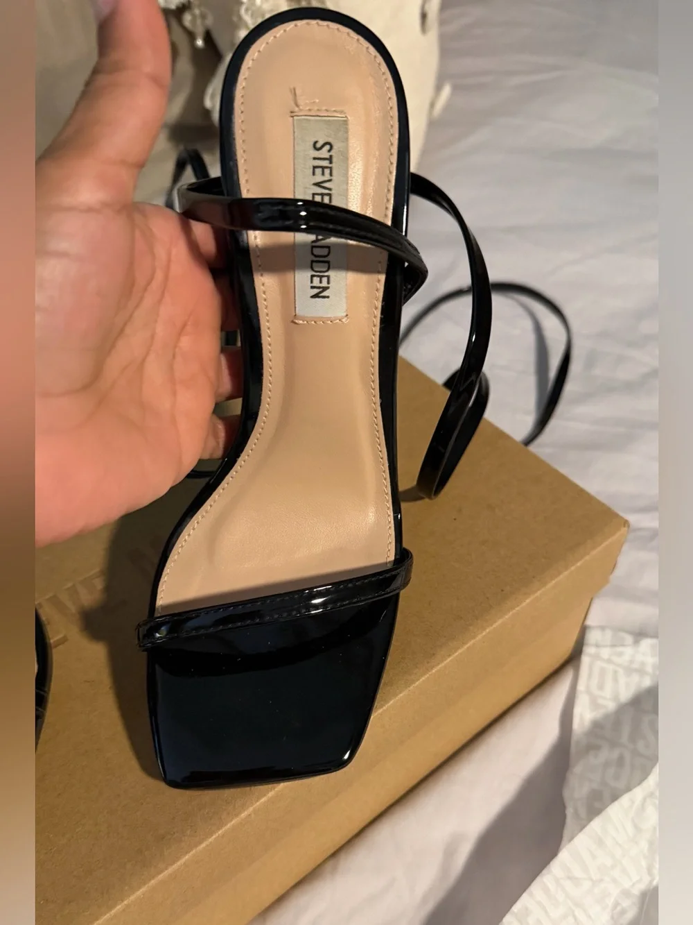 Steve Madden Black Patent Square-Toe Strappy Heels